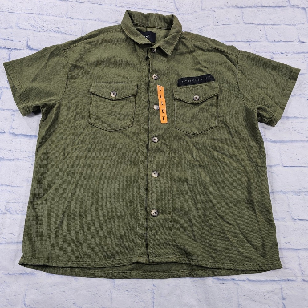 Zara Button Shirt MENS L Olive Green Short Sleeve Utility Gorpcore Pocket